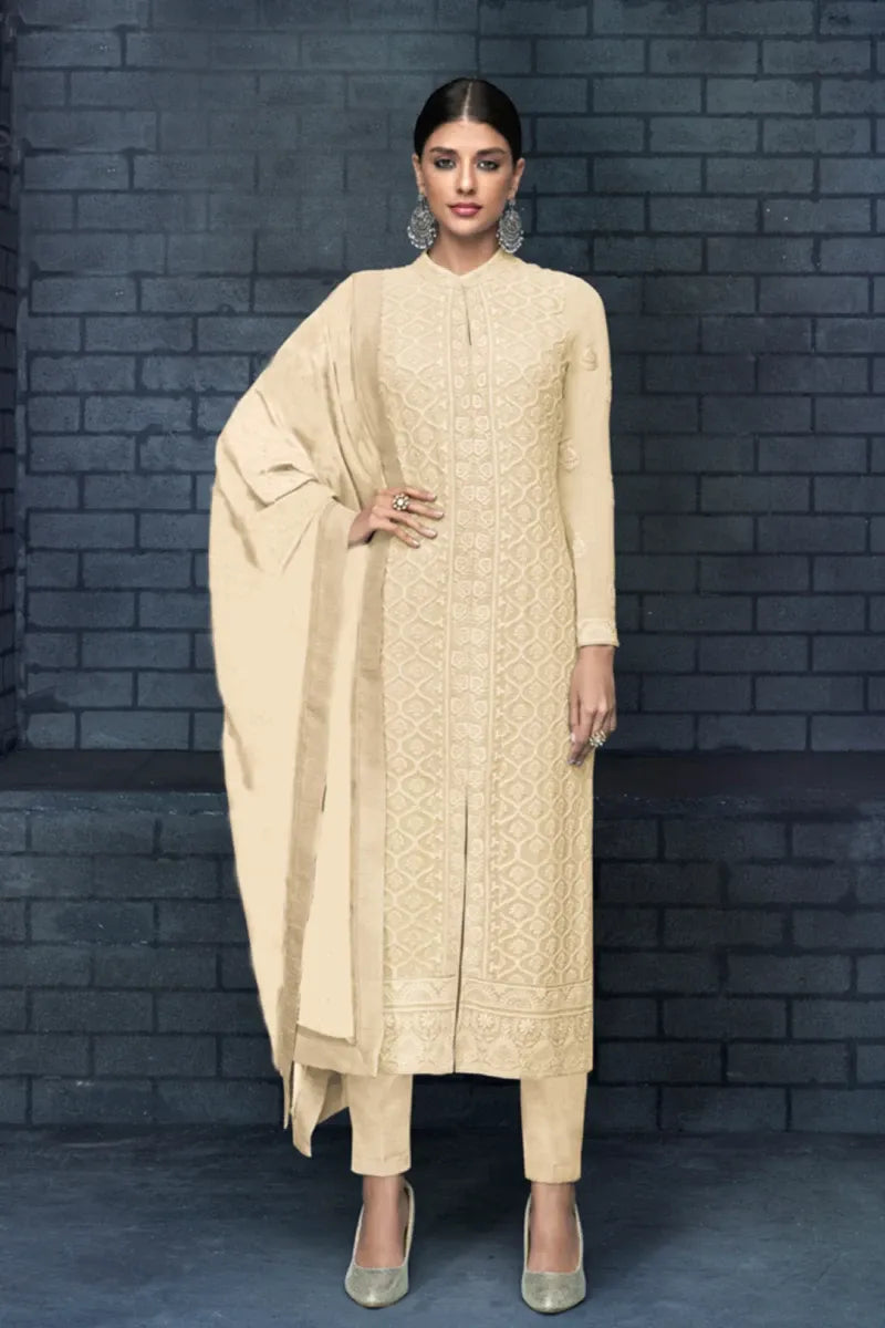 Cream Pant Suit in Georgette with Embroidery, Zari, and Diamonds