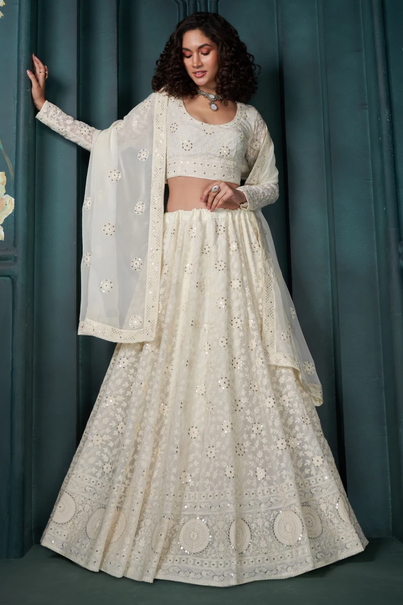 Off White Georgette Bridal Lehenga Choli with Heavy Embroidery