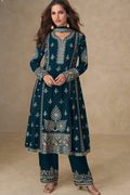 Teal Blue Chinon Silk Embroidered Palazzo Suit with Dupatta