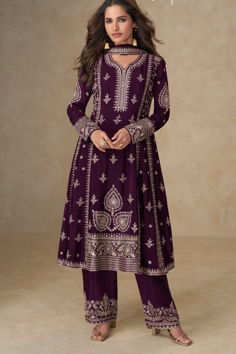 Wine Chinon Silk Embroidered Palazzo Suit with Dupatta