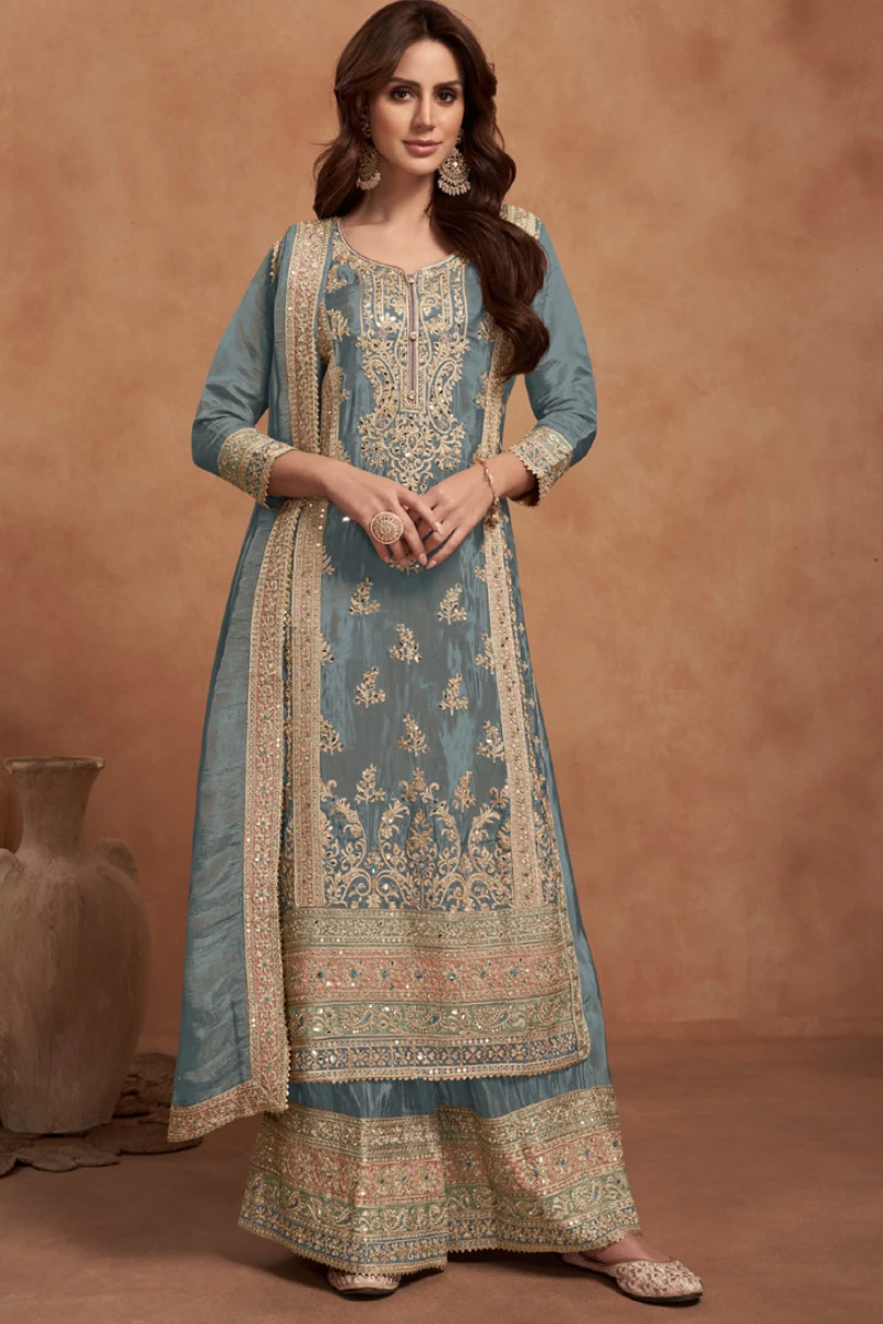 Grey Vichitra Silk Embroidered Palazzo Suit with Zari & Sequins
