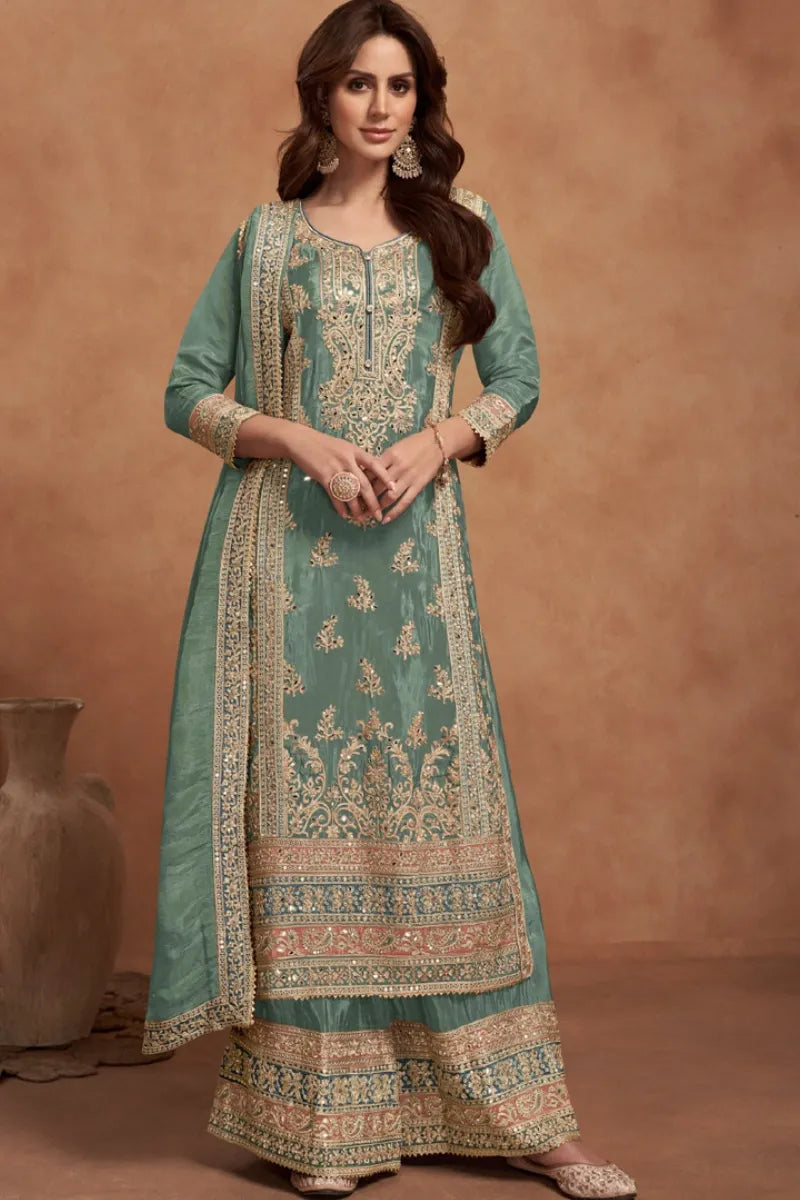Green Vichitra Silk Embroidered Palazzo Suit with Zari & Sequins