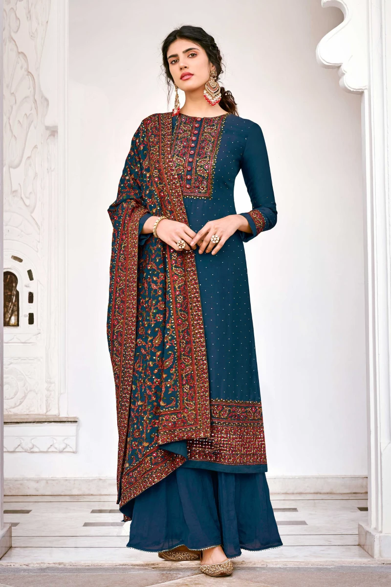 Blue Viscose Silk Straight Palazzo Suit