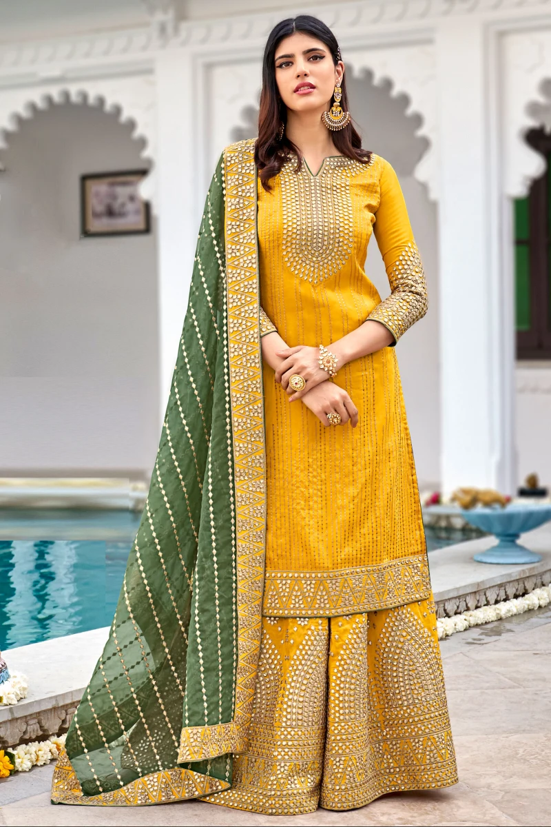 Yellow Georgette Straight Suit with Green Palazzo