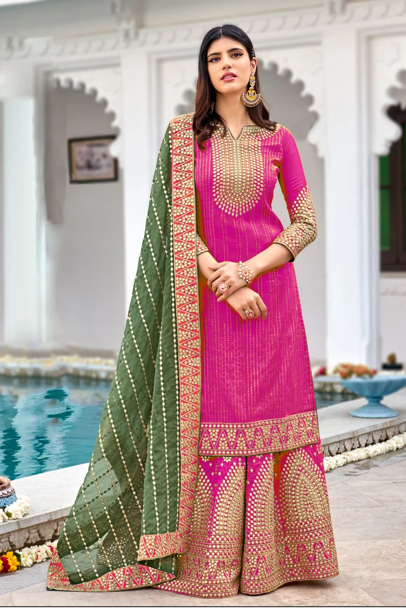 Pink & Green Georgette Straight Palazzo Suit