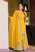 Yellow Chinnon Embroidered Palazzo Suit