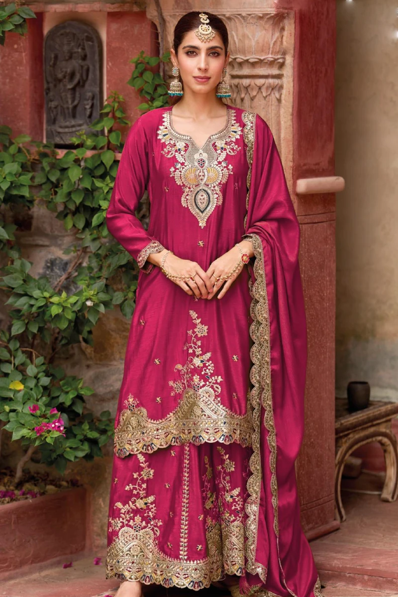 Pink Chinon Silk Embroidered Foil Work Palazzo Suit