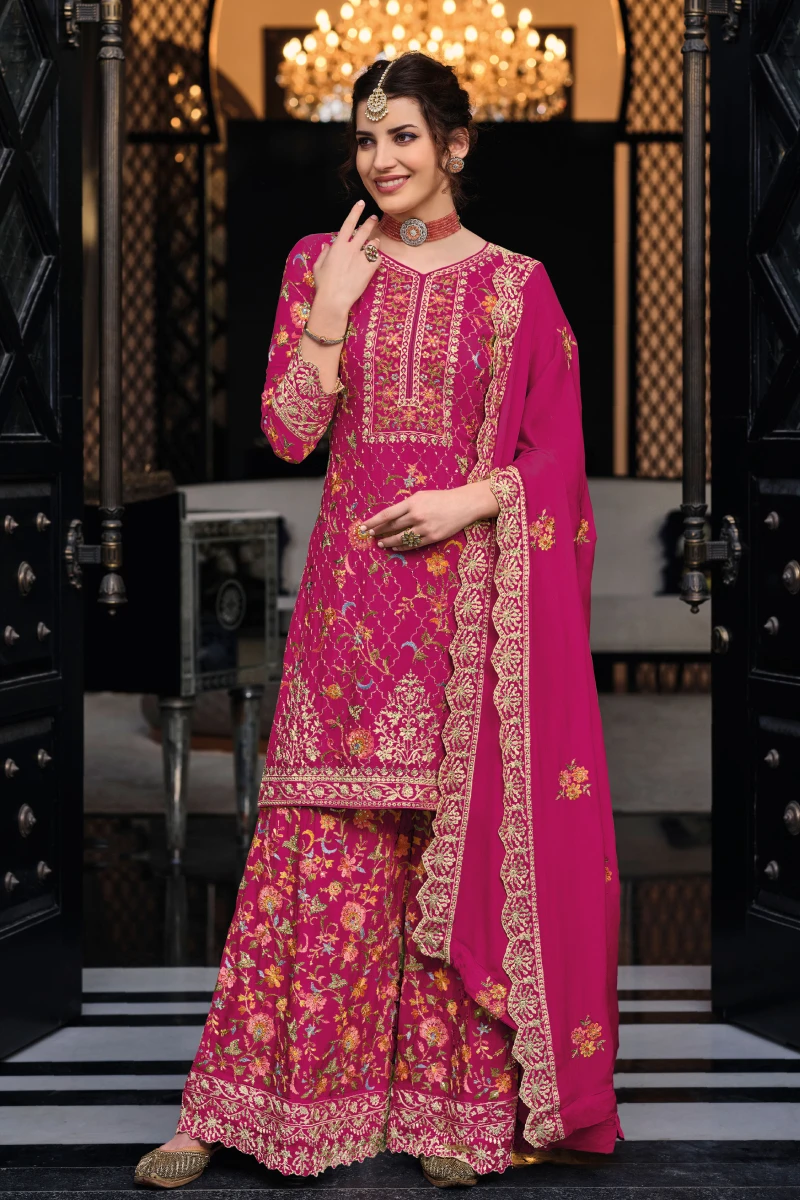 Pink Palazzo Suit in Chinnon with Embroidered Sequins