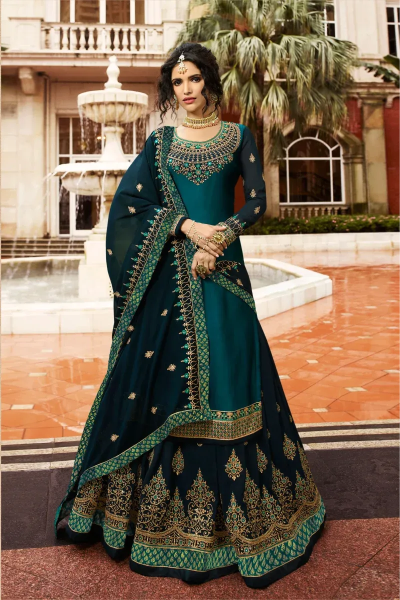 Teal Blue Satin Georgette Lehenga Set with Net Dupatta