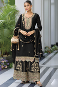 Black Chinon Silk Embroidered Plazzo Suit