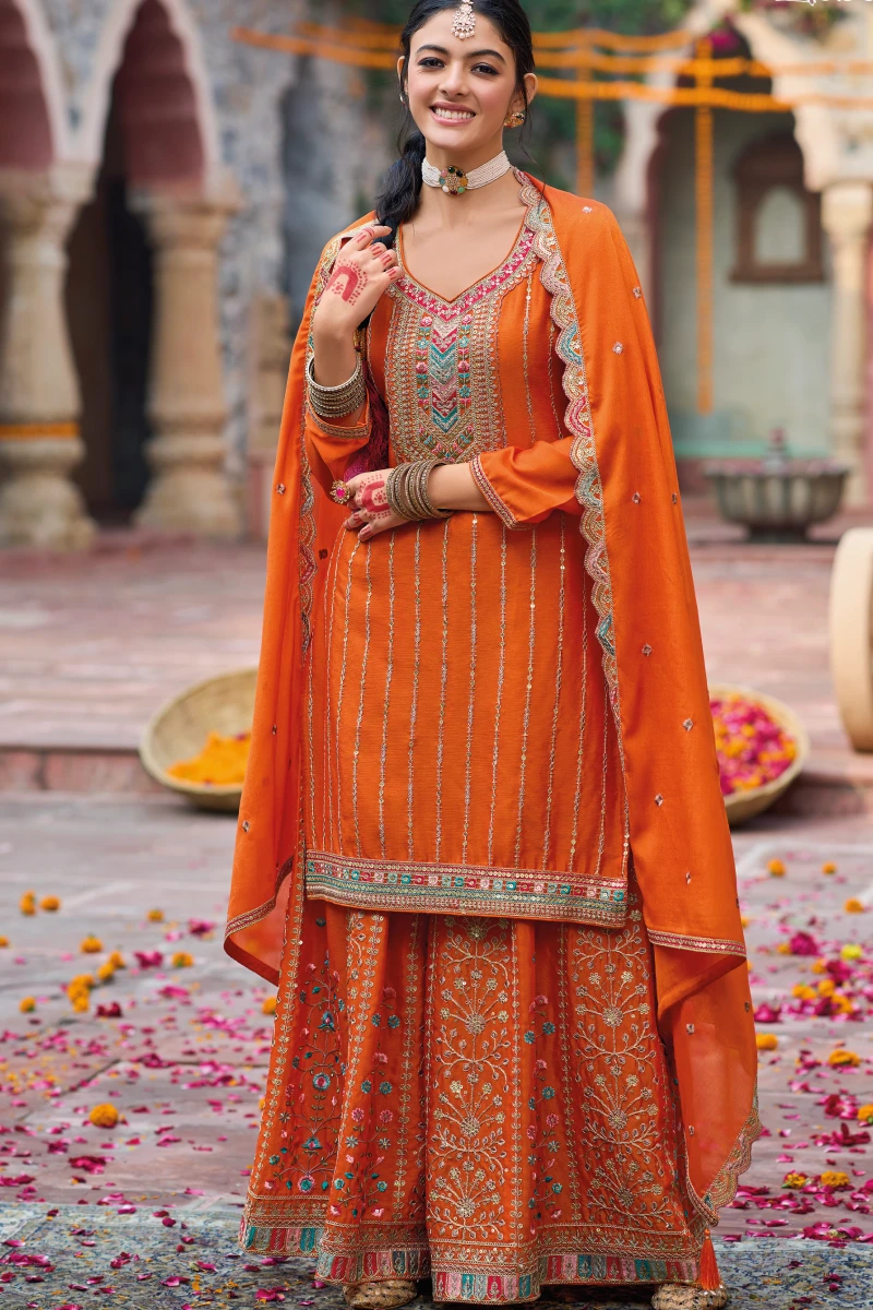 Orange Chinon Heavy Embroidered Palazzo Suit
