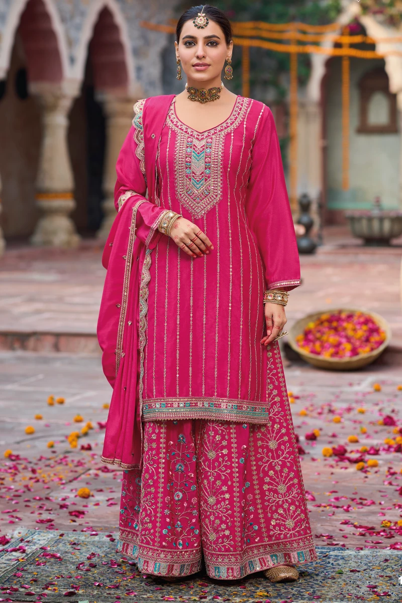 Pink Chinon Heavy Embroidered Palazzo Suit