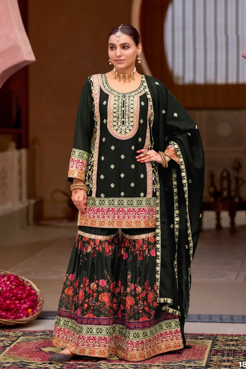 Black Chinnon Embroidered Sharara Suit