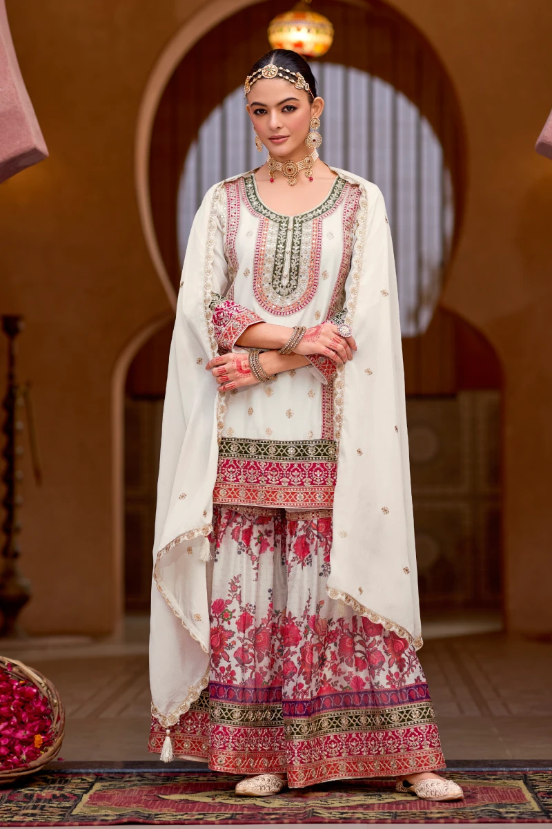 Cream Chinnon Embroidered Sharara Suit