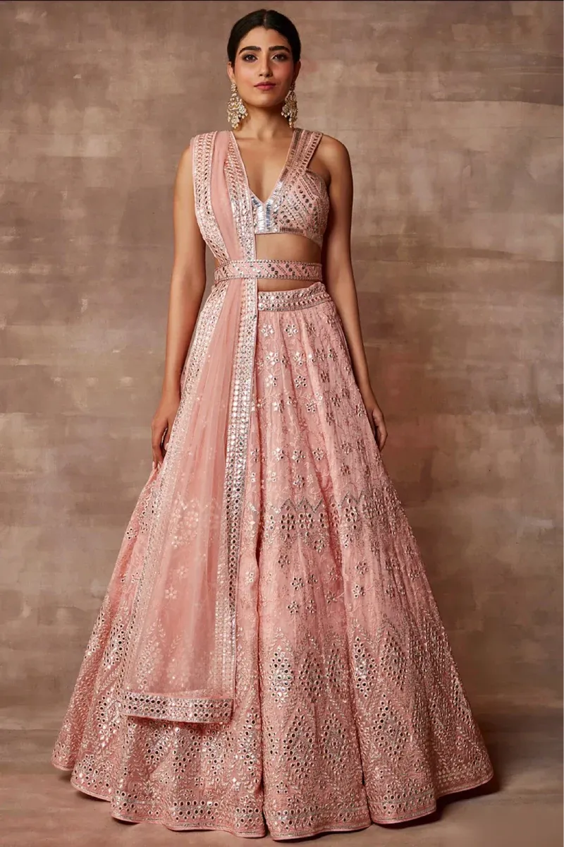 Pink Organza Lehenga Set with Embroidery & Sequins Work