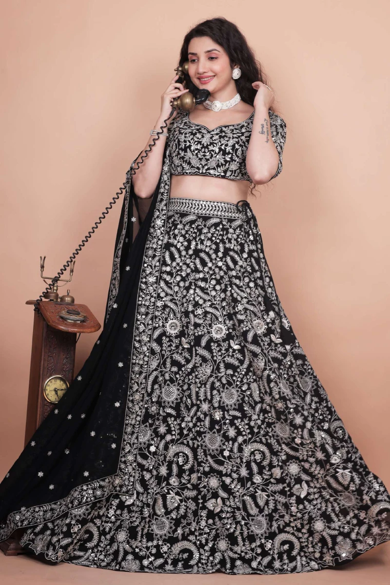 Black Harirer Georgette Silk Embroidered Lehenga Choli Set