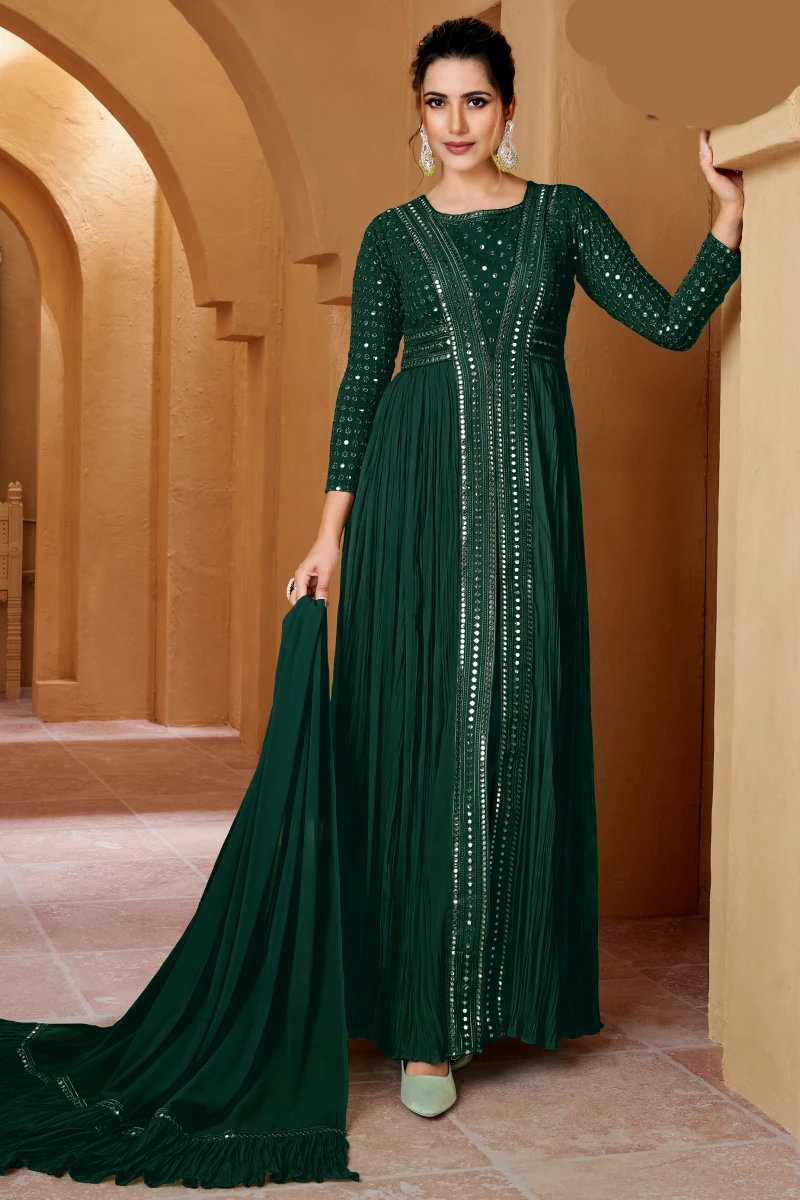 Green Crushed Georgette Mirror Work Slit Style Anarkali Suit