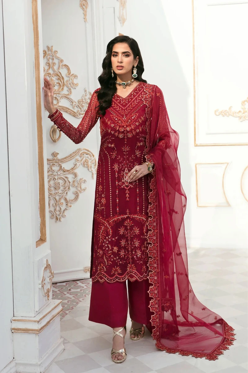 Maroon Organza Embroidered Palazzo Suit