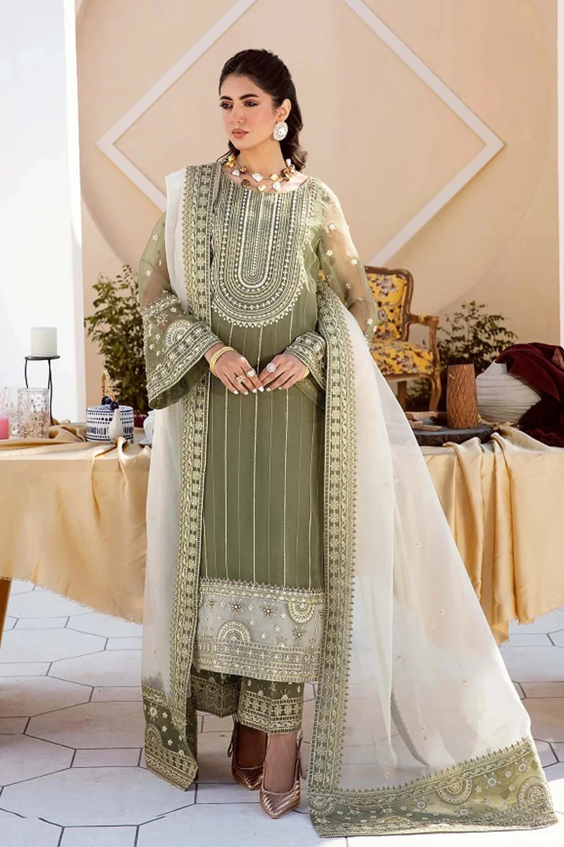 Green Organza Pant Set with Off-White Dupatta