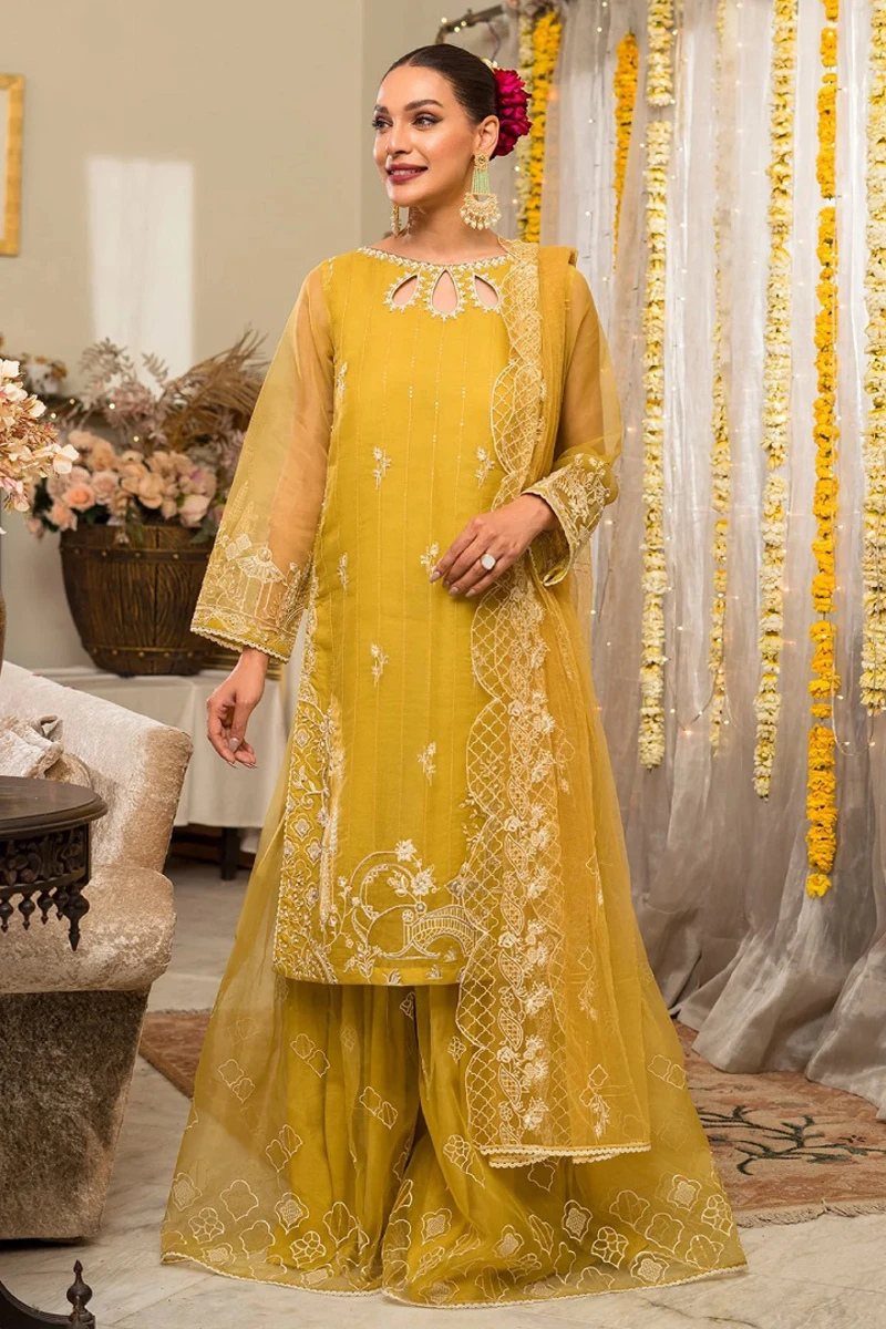 Yellow Organza Straight Suit with Embroidered Beads