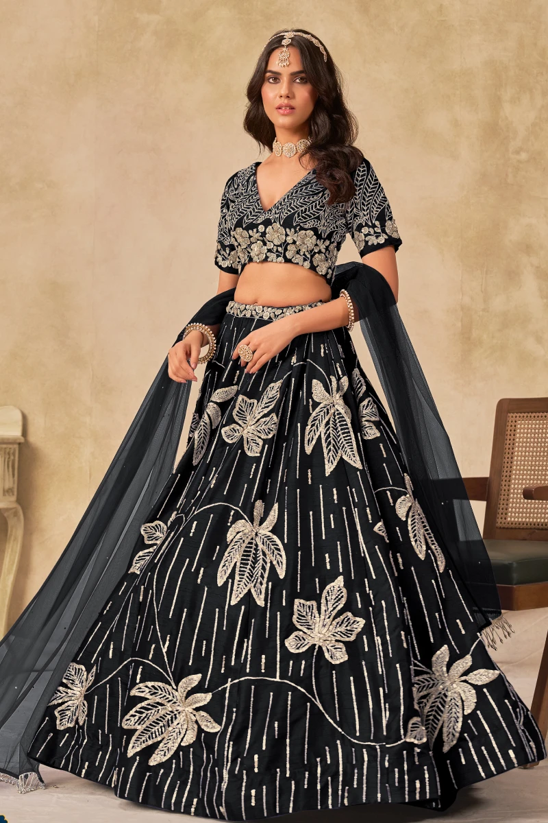 Black Art Silk Embroidered Lehenga Set