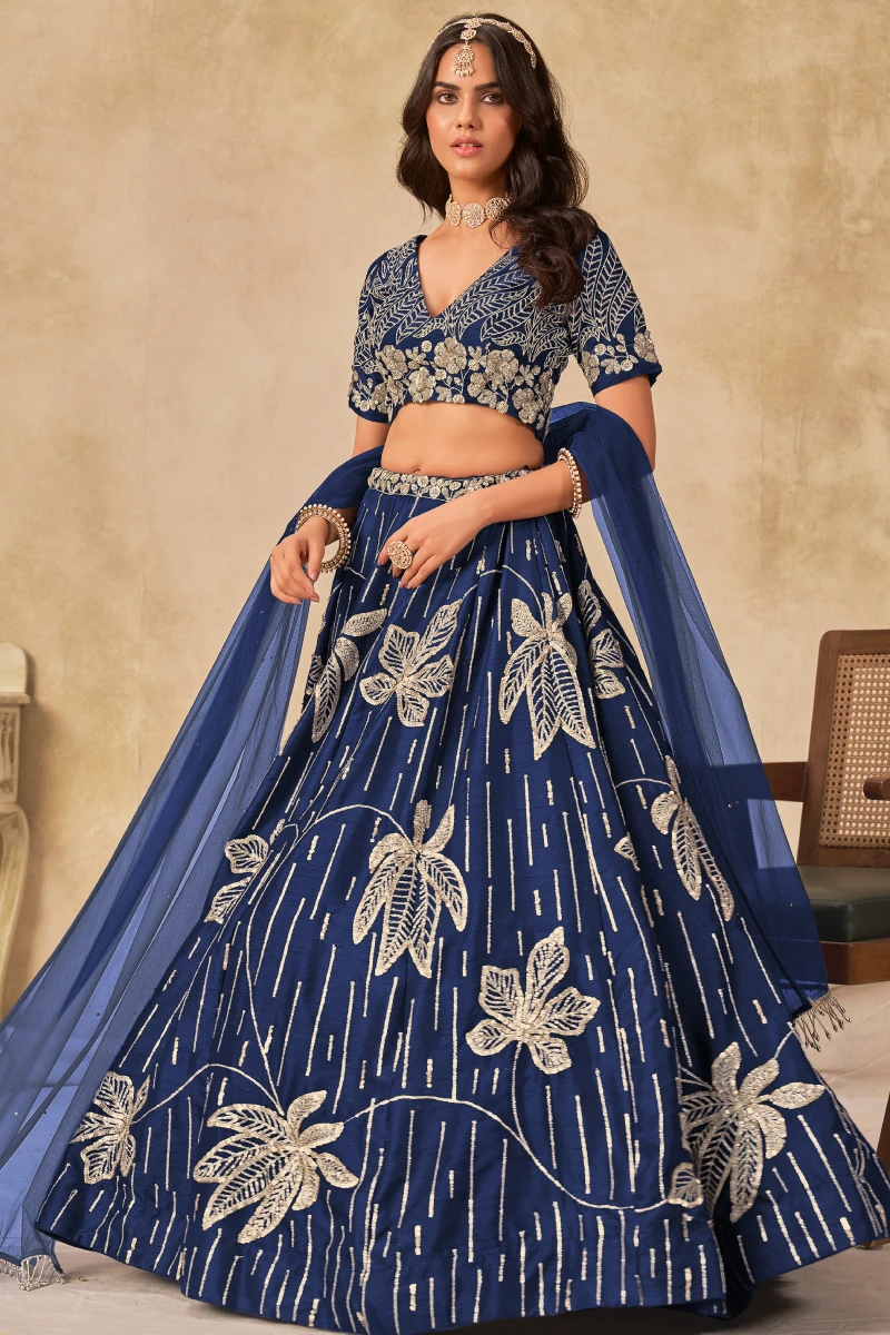 Blue Art Silk Embroidered Lehenga Set