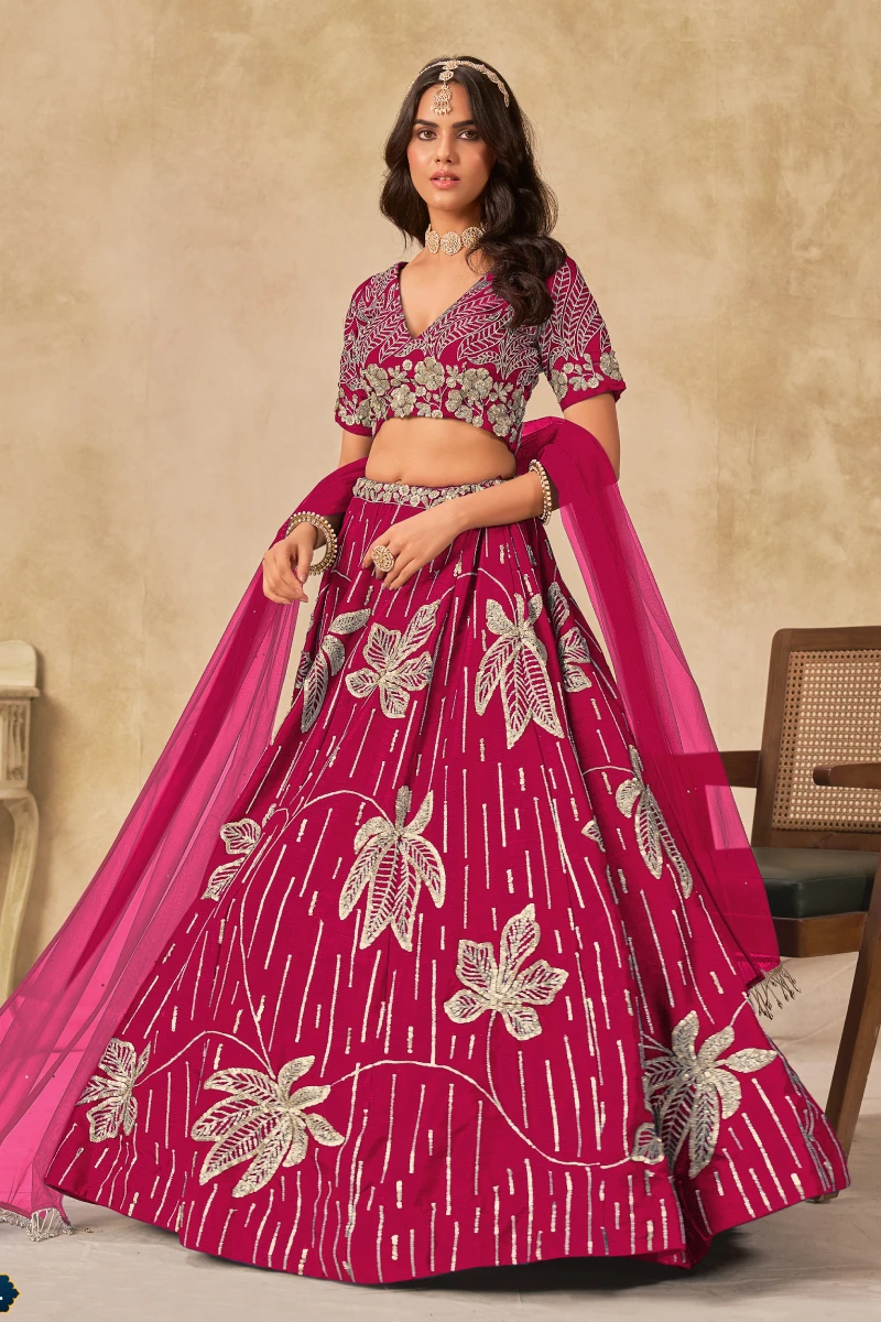 Red Art Silk Embroidered Lehenga Set