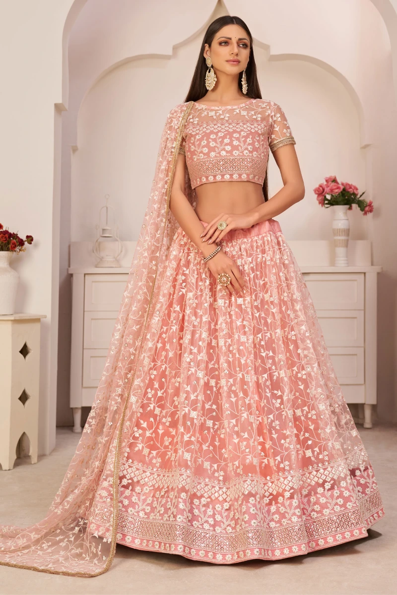Pink Net Lehenga with Sequins, Thread, and Embroidery
