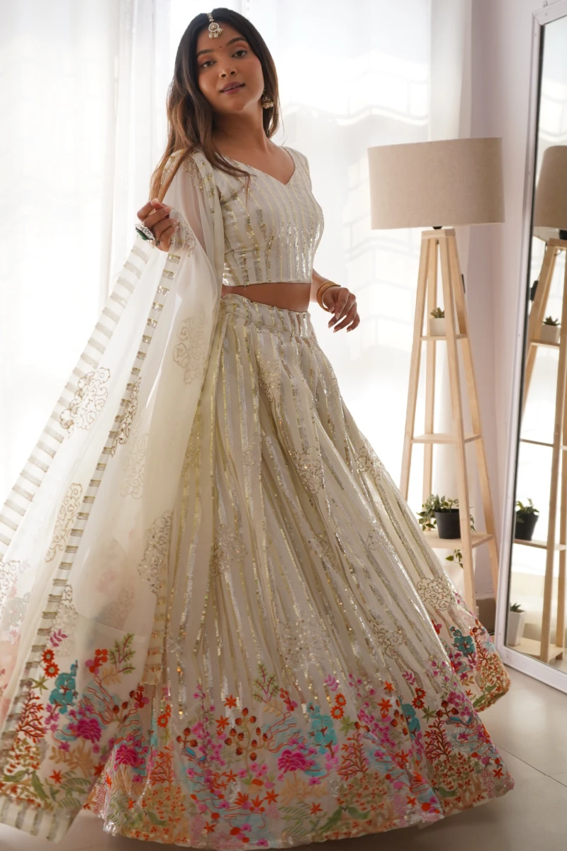 White Faux Georgette Embroidered Lehenga Choli with Dupatta