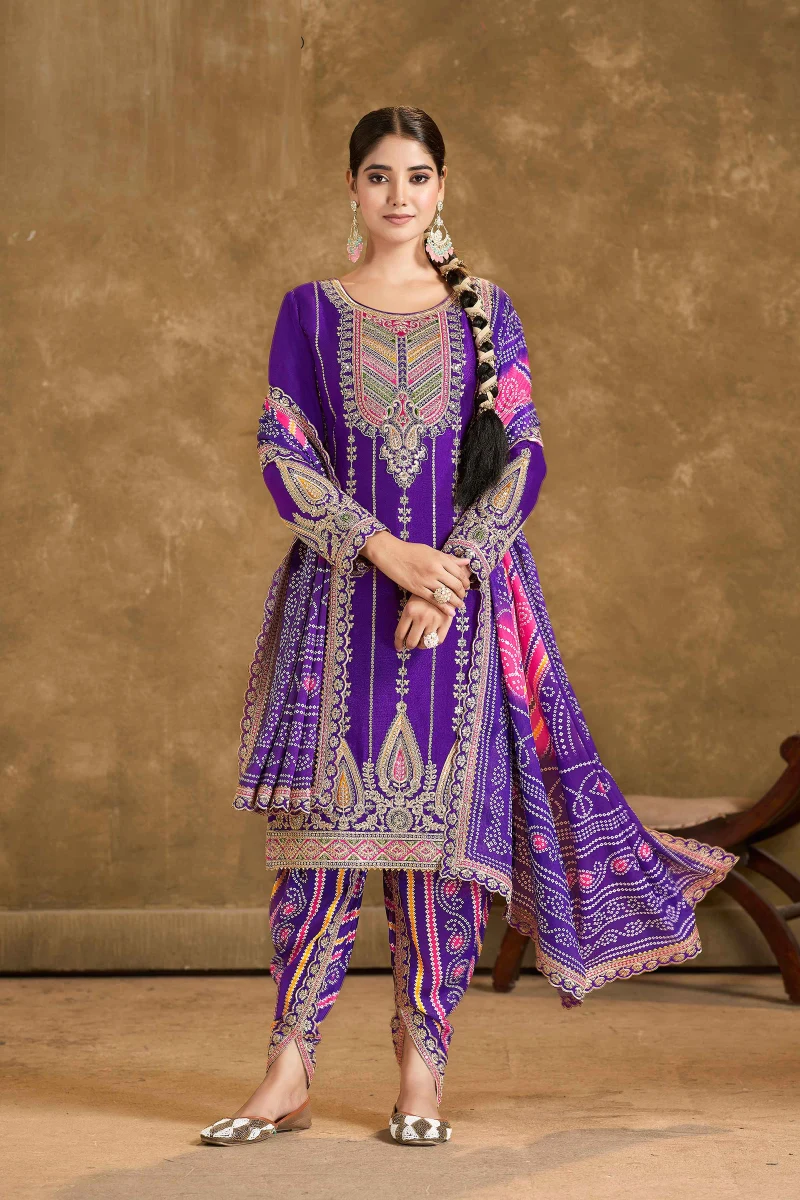 Purple Chinnon Dhoti Suit with Purple & Pink Dupatta