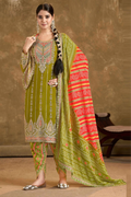 Olive Green Chinnon Dhoti Suit with Olive Green & Orange Dupatta