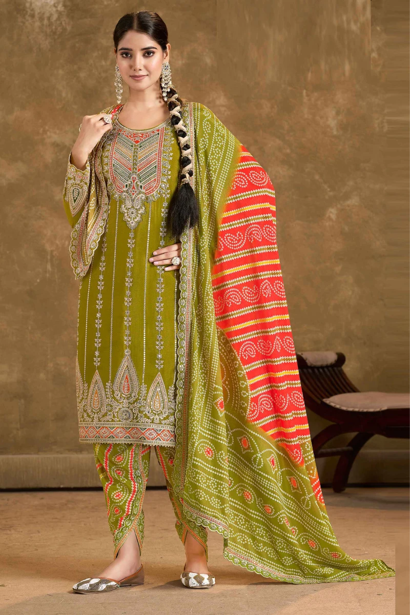 Olive Green Chinnon Dhoti Suit with Olive Green & Orange Dupatta