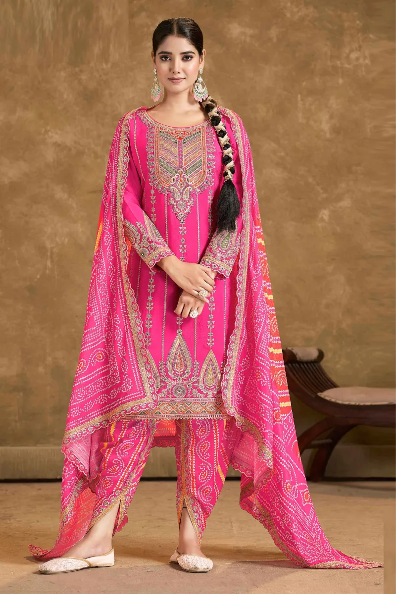 Pink Chinnon Dhoti Suit with Pink & Orange Dupatta