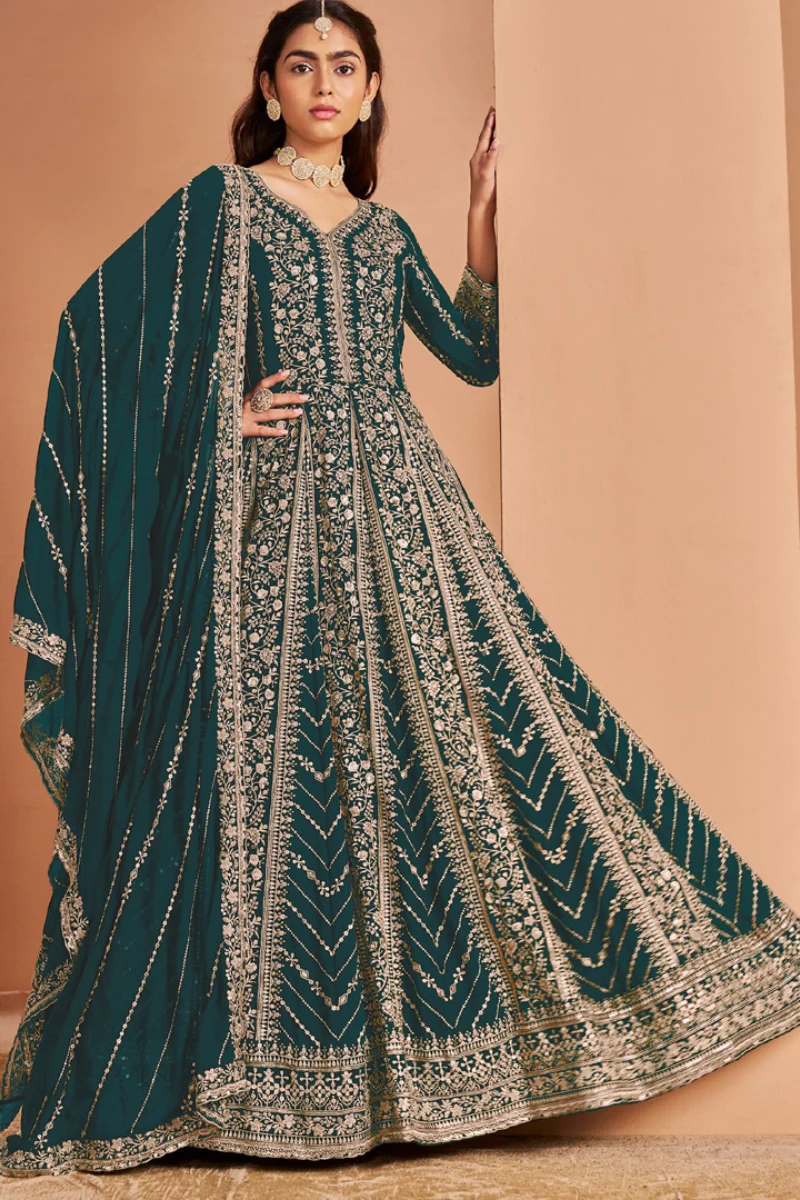 Aqua Green Faux Georgette Embroidered Anarkali Suit