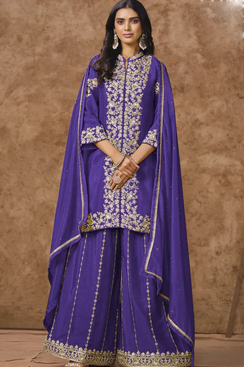 Purple Chinon Jacket Style Top with Palazzo