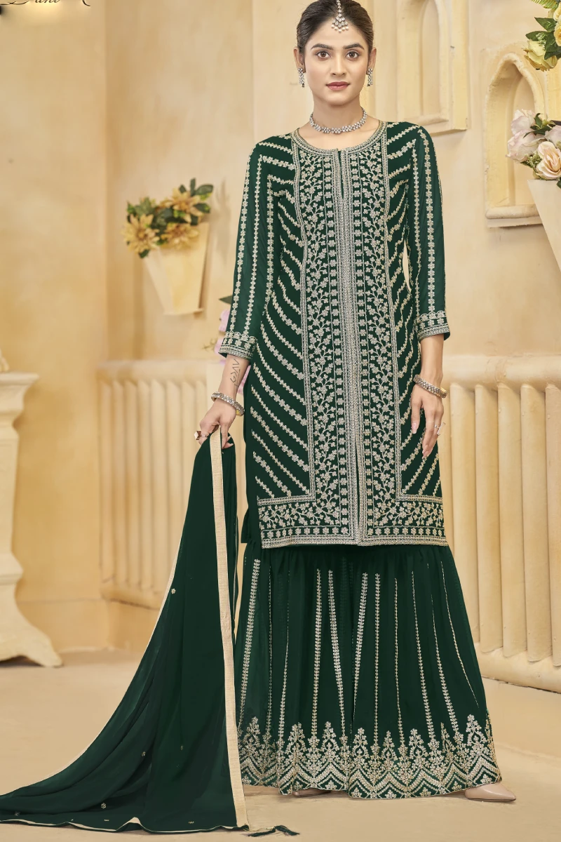 Elegant Green Faux Georgette Sharara Set with Embroidery