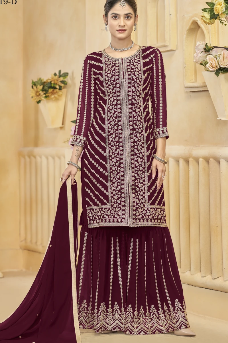 Classic Maroon Faux Georgette Sharara Set with Embroidery