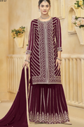 Classic Maroon Faux Georgette Sharara Set with Embroidery