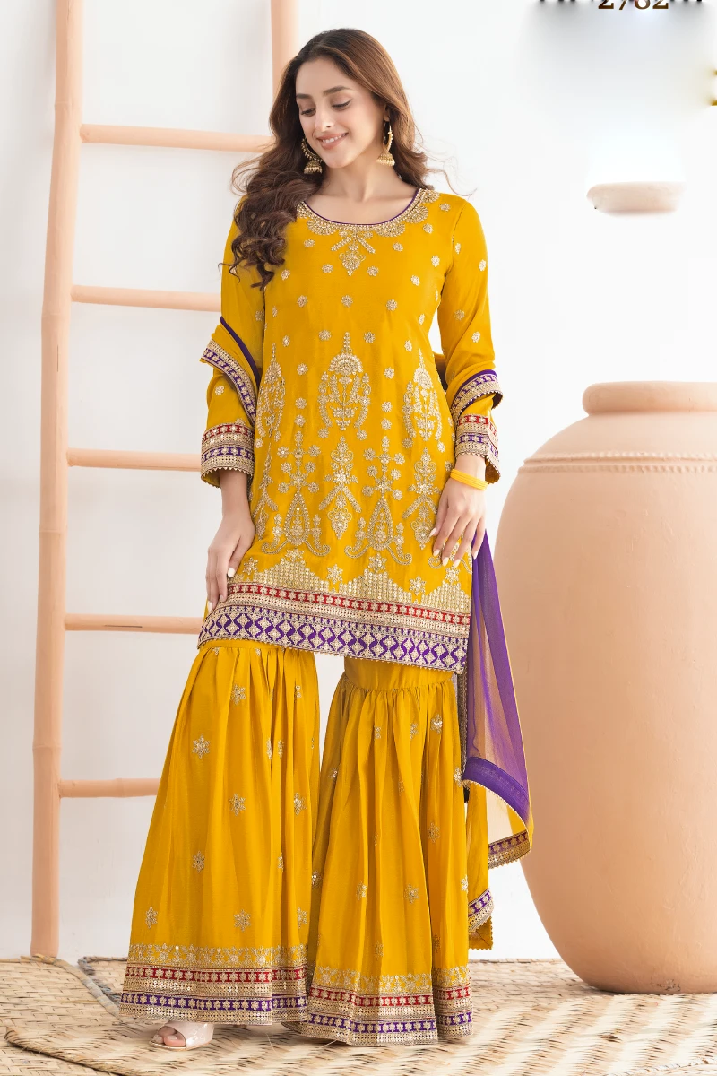 Yellow Chinon Suit with Dual Colour Dupatta