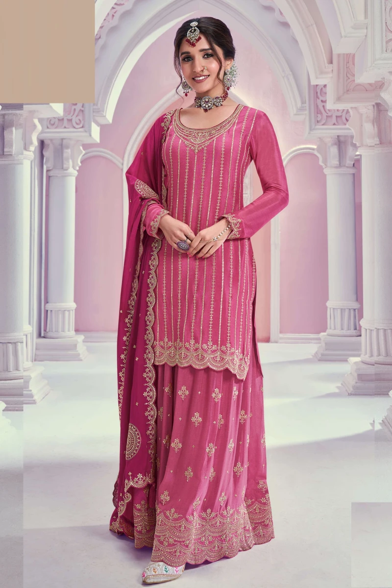 Pink Embroidered Chinon Sharara Suit