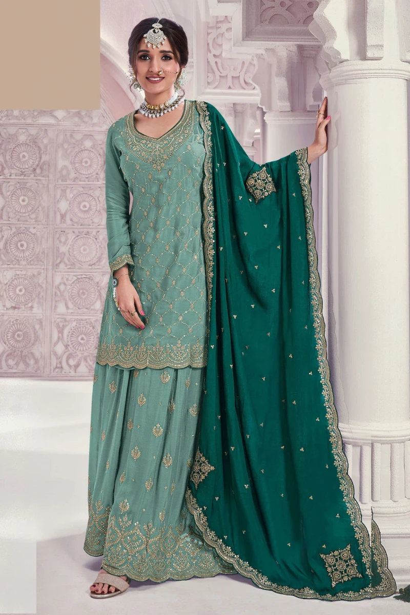 Sky Blue Embroidered Chinon Sharara Suit