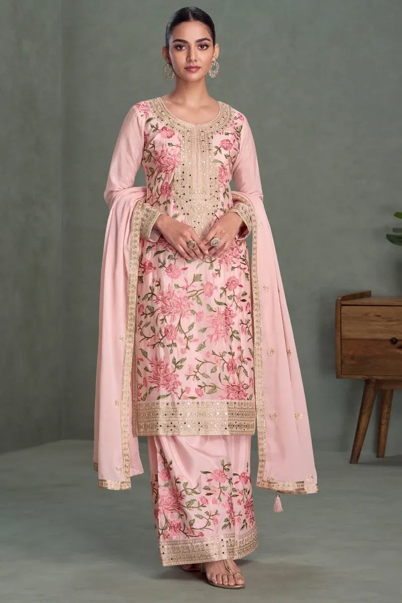 Pink Embroidered Chinon Palazzo Suit with Dupatta