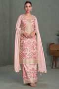 Pink Embroidered Chinon Palazzo Suit with Dupatta
