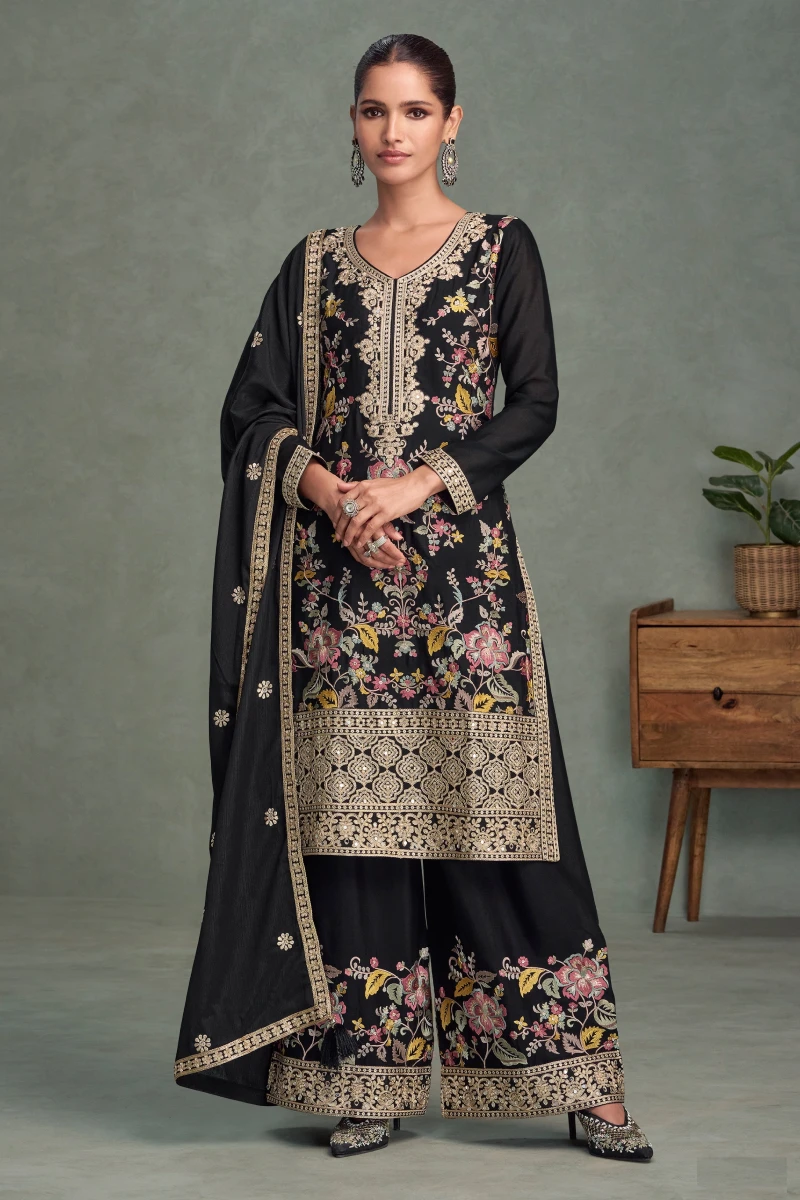 Black Embroidered Chinon Palazzo Suit with Dupatta