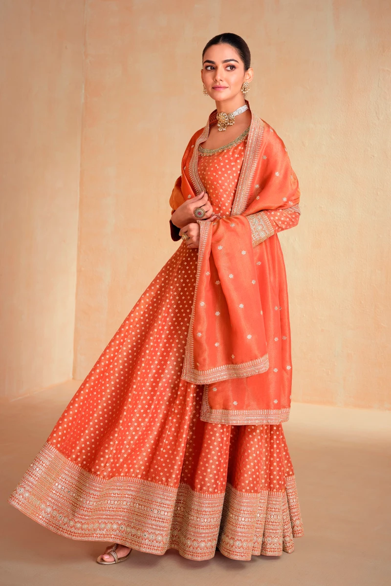 Orange Jacquard Embroidered Anarkali Suit with Vichitra Dupatta
