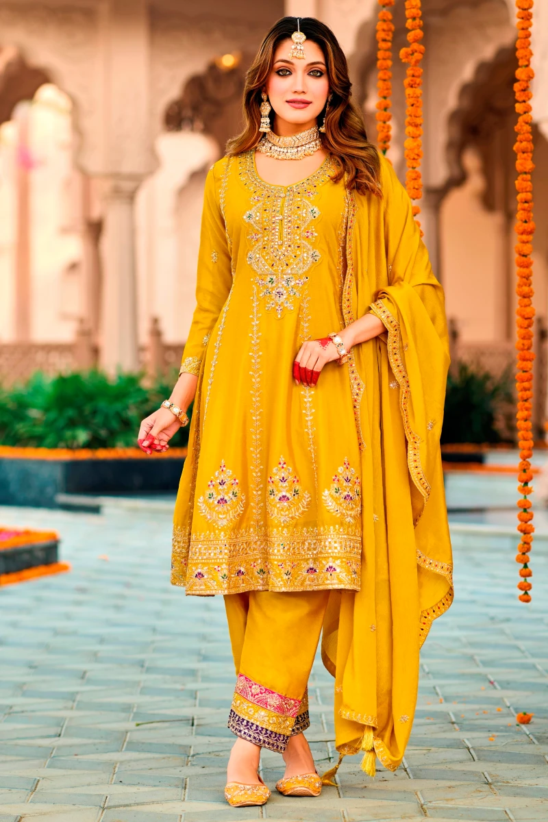 Yellow Embroidered Chinon Anarkali Salwar Suit with Dupatta
