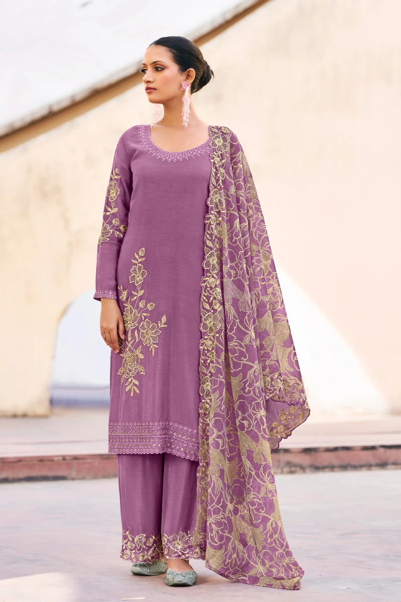 Violet Chinon Embroidered Palazzo Suit with Dupatta
