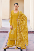 Yellow Chinon Embroidered Palazzo Suit with Dupatta