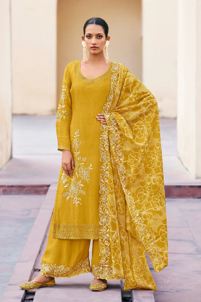 Yellow Chinon Embroidered Palazzo Suit with Dupatta