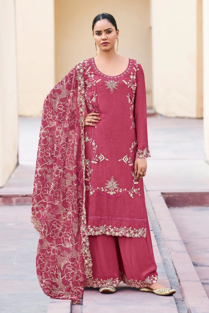 Red Chinon Embroidered Palazzo Suit with Dupatta